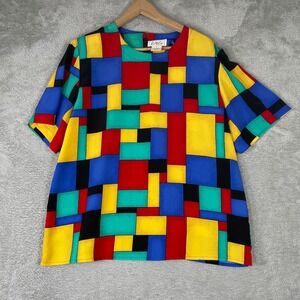 Kathy Che Blouse Womens Large Multi Colorblock Geometric Art Pop Vintage 90s Top
